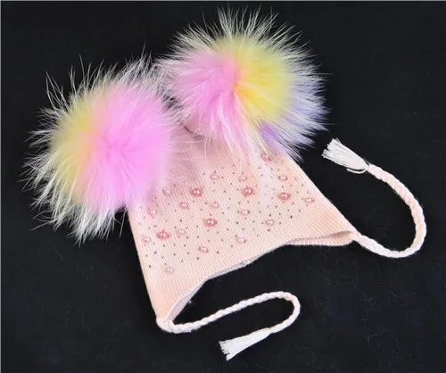 Pink color fur Детские теплые зимние шапки, двойная вязаная шапка из Ангорского меха с помпонами для маленьких мальчиков и девочек, шапка с помпонами из натурального меха енота - Цвет: Pink color fur