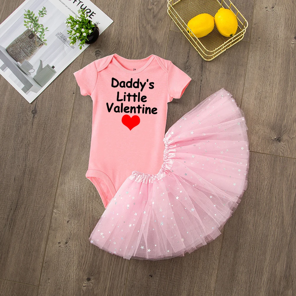 Daddy's Little Valentine/Милый хлопковый комбинезон с короткими рукавами для маленьких девочек из 2 предметов+ Милая фатиновая юбка-пачка модные комплекты для малышей - Цвет: RE85-SQPPKXPK-