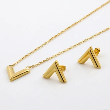 

Luxury Brand Gold Silver Color Jewelry Sets V Pattern Stud Earrings Pendant Necklace Jewelry Sets For Woman Man