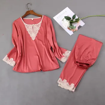 

Satin Nightwear Women 2PCS Pyjamas Suit Casual Pijamas Spring New Lace Patchwork Sleepwear Pajamas Set Shirt&Pants Homewear