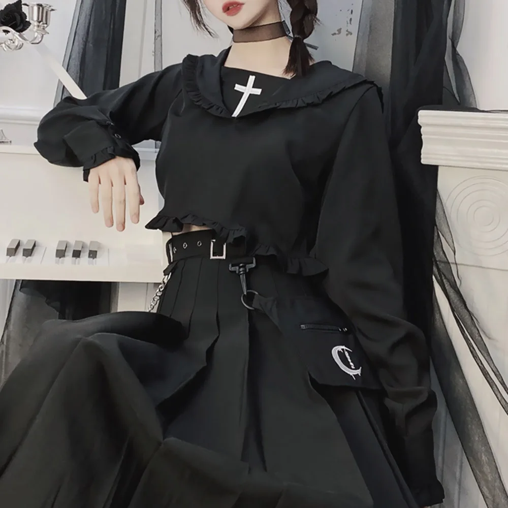

Gothic Women Goth Blouse Cross Print Stringy Selvedge Bowknot Geometric Pullover Long Sleeve Slim Top Preppy Young Girl Loli