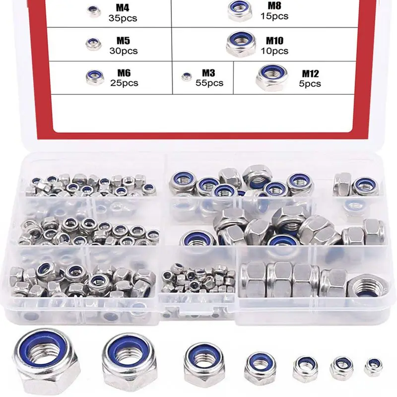 

EASY-175-Piece Stainless Steel Nylon Lock Nut Assortment Kit, Size Include, M3 M4 M5 M6 M8 M10 M12 (Lock Nuts)