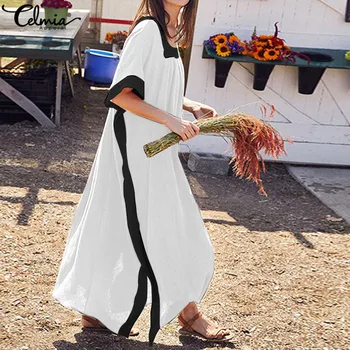 

Celmia Vintage Women Maxi Long Dress 2020 Summer Half Sleeve Patchwork Shirt Sundress Casual Loose Split Vestidos Plus Size 5XL