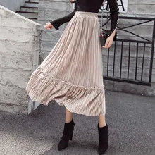 Золотая Бархатная плиссированная юбка женская осенняя и зимняя новая юбка ретро средней длины с высокой талией