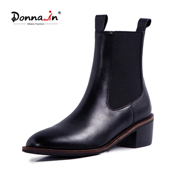 

Donna-in Genuine Leather Women Chelsea Boots Women Black Heeled Ankle boots Designer Boots Women Luxury Dress Boots 2020 NEW
