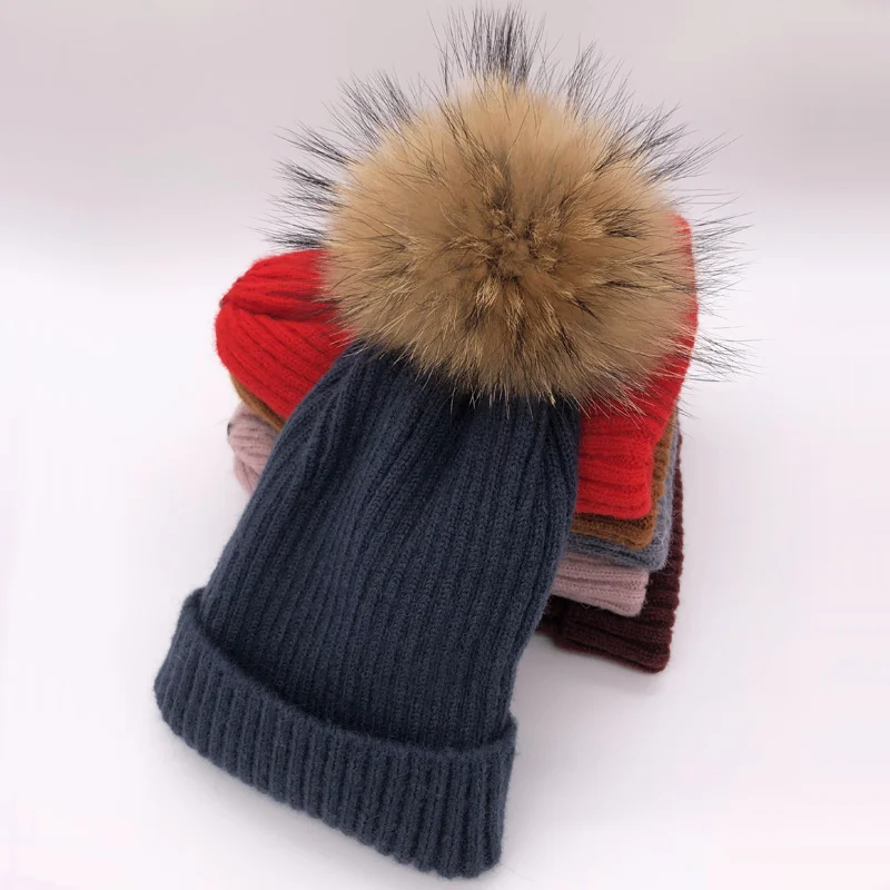 navy blue Raccoon Новинка, зимняя шапка, роскошные качественные шапки с меховым помпоном, шапка высокого качества для девочек, женские зимние шапки - Цвет: navy blue Raccoon