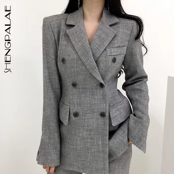 

SHENGPALAE 2020 Spring Autumn New Pattern Full Flare Sleeve Solid Color Double Breasted Slim Fit Lapel Collar Suit Coat AF839