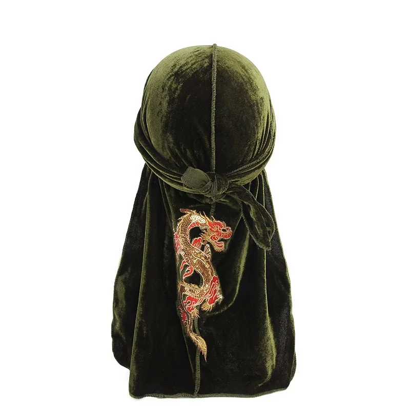 Embroidery Dragon Durags For Men Velvet Durags Bandanas DuRag Turban Hat Hair Scarf Hair Accessories winter cap for men