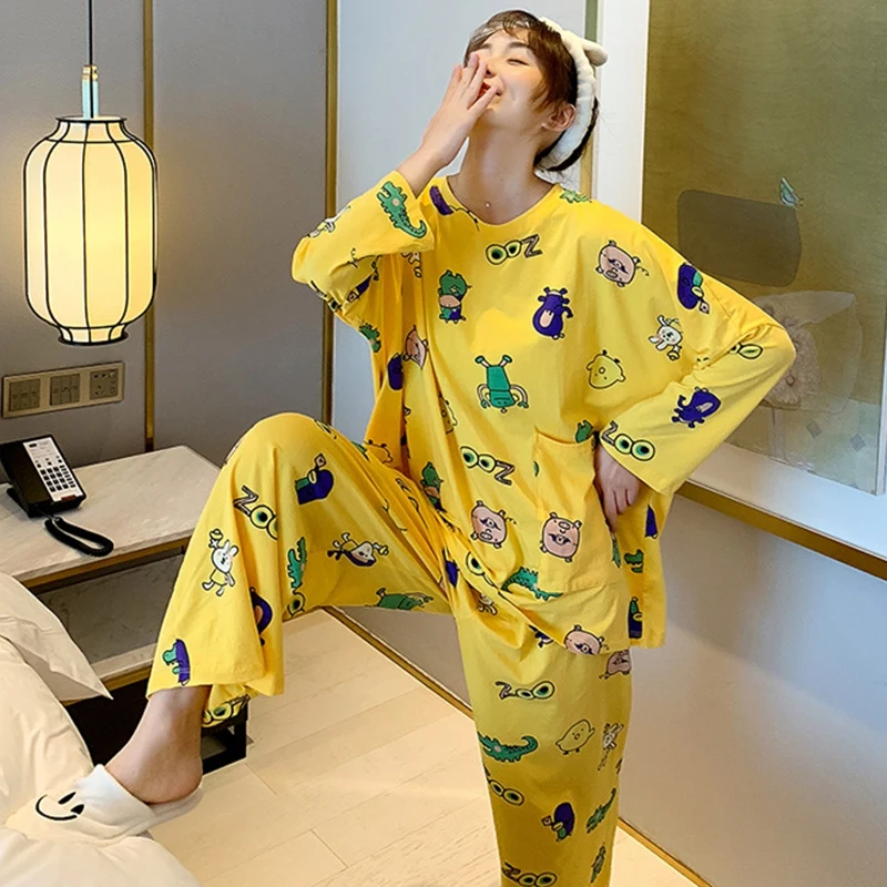 Женские пижамы костюм из трех предметов свободный мультяшный принт длинный