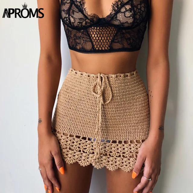 US $14.05 Aproms Elegant Handmade Cotton Crochet Mini Skirts Women Summer High Waist Bow Tie Skirt Ladies Bea