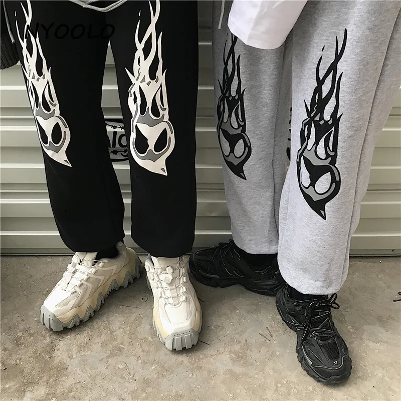 NYOOLO Harajuku уличная одежда с принтом пламени плюс бархатные теплые штаны для бега осень зима эластичный пояс хип-хоп шаровары для женщин и мужчин
