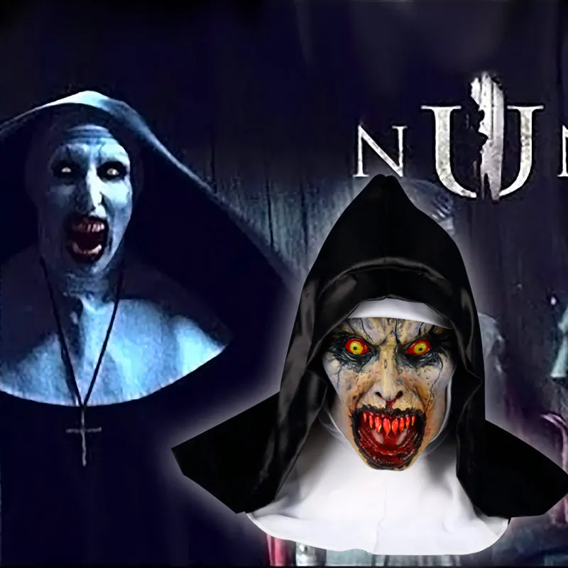 

The Nun Horror Mask Cosplay Valak Scary Latex Masks with Headscarf Veil Hood Full Face Helmet Horror Costume Halloween Prop-LORO