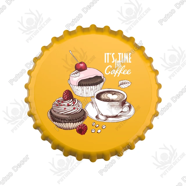 Putuo Decor Coffee Bottle Cap Metal Sign Plaque Metal Vintage Tin Sign Decor for Kitchen Cafe Pub Bar Club Home Wall Decoration CYE0142