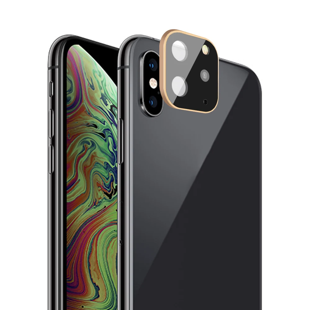 Золотой Поддельный объектив камеры Защитная крышка чехол IPhone X XS Max конвертировать в IPhone 11 Pro Max закаленная Защитная стеклянная пленка для экрана - Цвет: Золотой