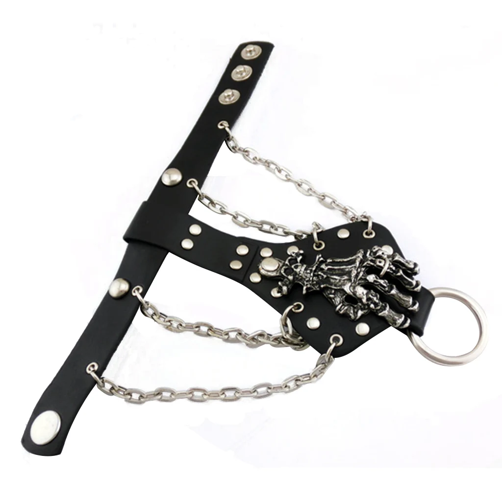 Mens Gothic Alloy Spike Skeleton Hand Wrap Leather Cuff Finger Ring Bracelet