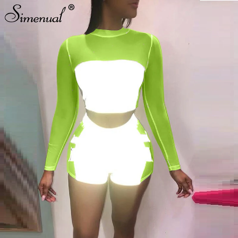 

Simenual Reflective Mesh Patchwork 2 Piece Outfits Women Sexy Neon Transparent Matching Set Long Sleeve Crop Top And Shorts Sets