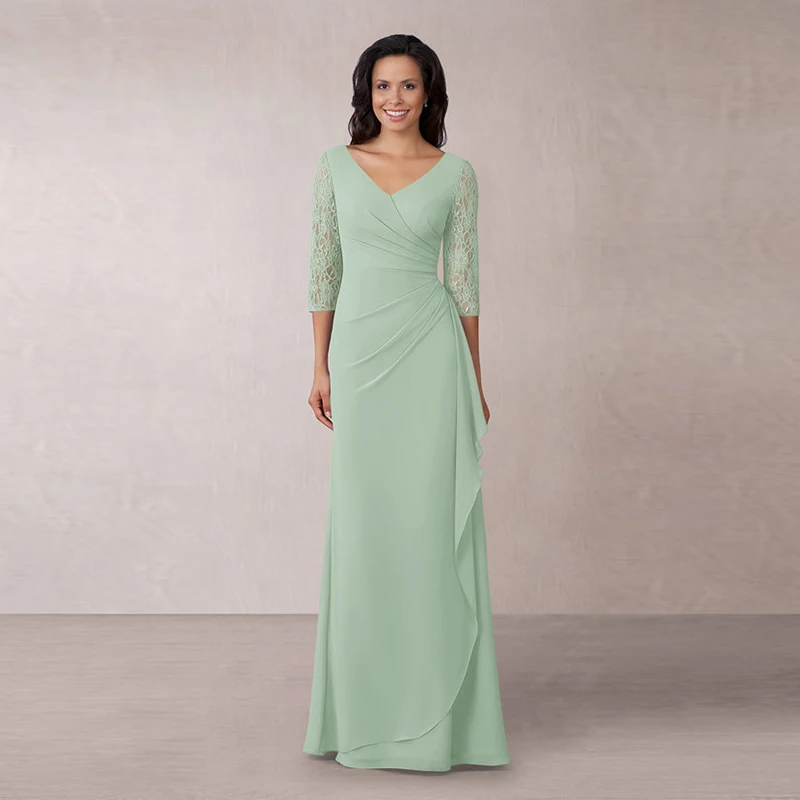 

Graceful Sheath Mint Green Full Length Chiffon Mother of the Bride Dresses V Neckline Lace 3/4 Sleeves Wedding Party Gowns Pleat