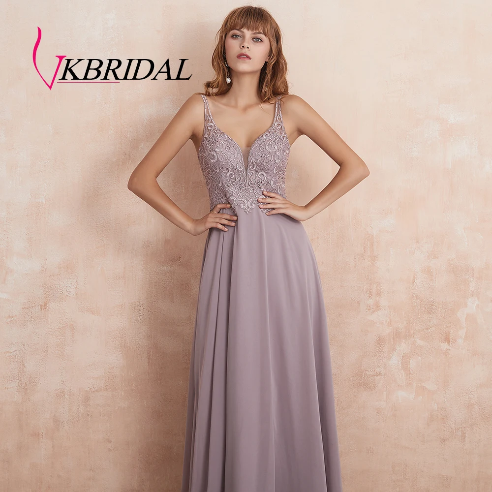 VKbridal майка Иллюзия шеи шифон выпускного вечера свадебные праздничные платья с кристаллами спинки ТРАПЕЦИЕВИДНОЕ кружевное платье подружки невесты длинное