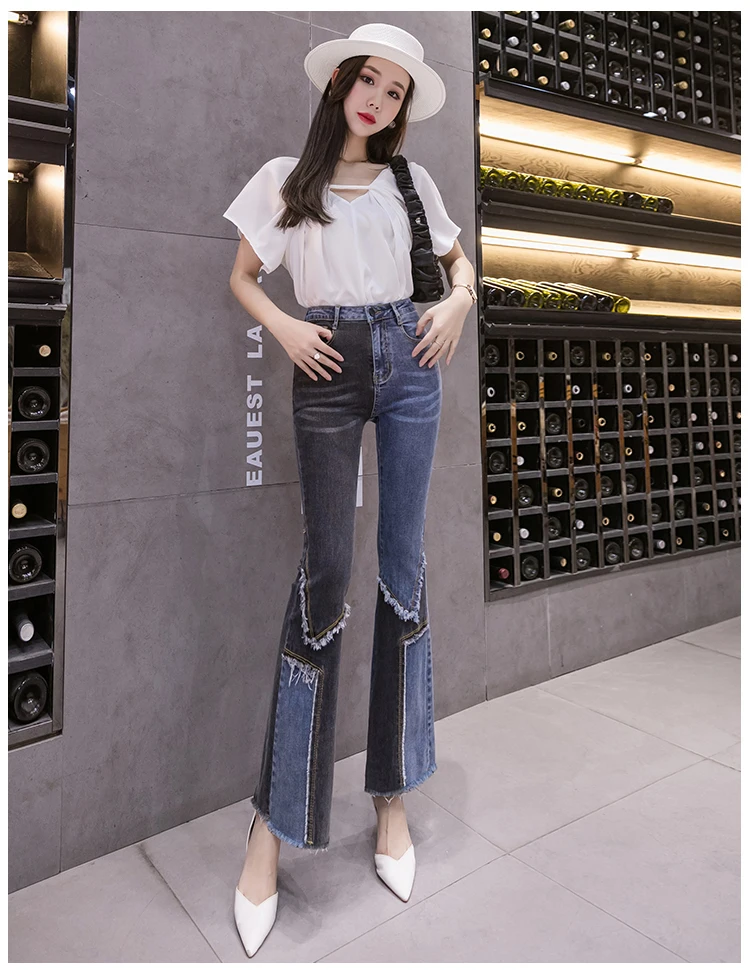 Vintage Patchwork Flared Jeans Ladies Stretch High Waist Skinny Boot-Cut Denim Trousers Mujer Fashion Denim Pants For Women 2021 gap jeans