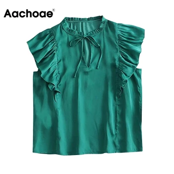 

Women Chic Green Ruffle Blouses 2020 Stylish Bow Tie Hollow Out Top Shirt Female Short Sleeve Solid Casual Blouse Blusas Mujer