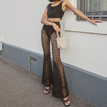 

2020 New black lace flare cover up beach pants sexy women see through bikini swimsuit bathing suit cover ups beachwear