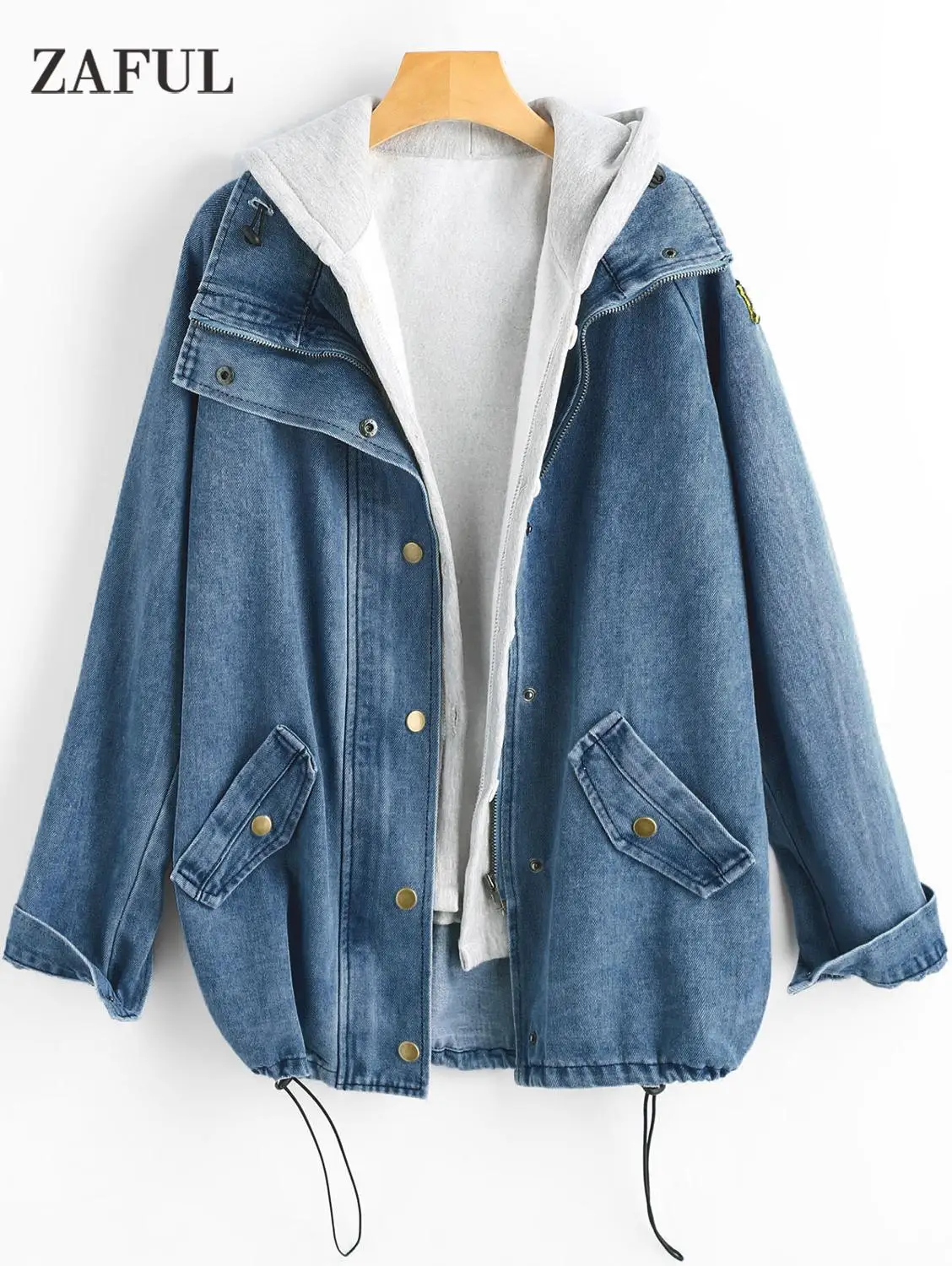ZAFUL джинсовая куртка на пуговицах с капюшоном, 2 предмета, 3XL, женская джинсовая куртка размера плюс, Осеннее Женское пальто, модная уличная одежда, Veste Femme