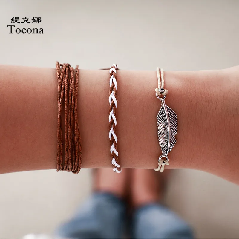 

Tocona 3pcs/sets Bohemian Colorful Rope Bracelets for Women Vintage Silver Leaf Handmade Adjustable Jewelry Wholesale 8352