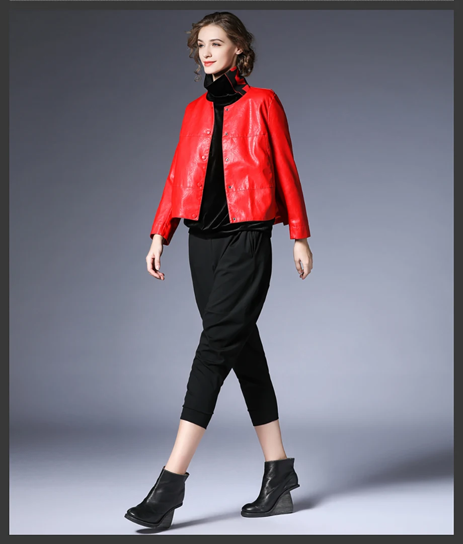 Женская байкерская куртка размера плюс из искусственной кожи черного и красного цвета, женская зимняя кожаная куртка, меховое пальто