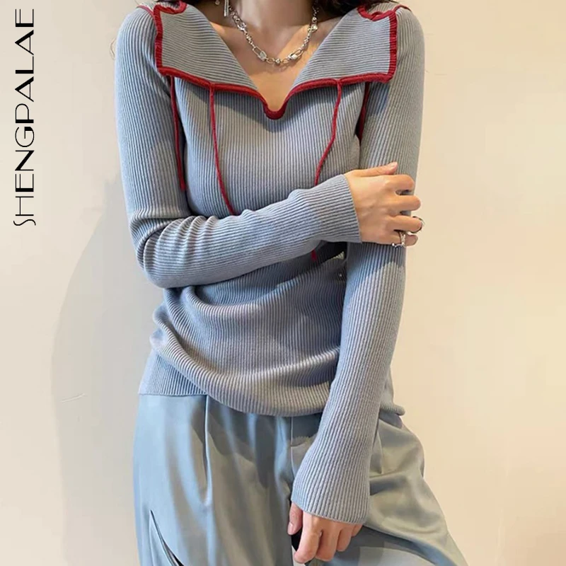 SHENGPALAE Fashion Chic Contrast Colour Knitted Pullovers Women's Autumn 2022 New Lapel Lace Up Slim Long Sleeve Sweater Female | Женская