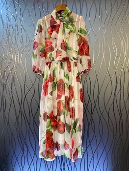 

2020 Spring and Summer New Women's Lace-up Knotted Scarf Decorative Printing Color Matching Long Sleeve Long Dress 701