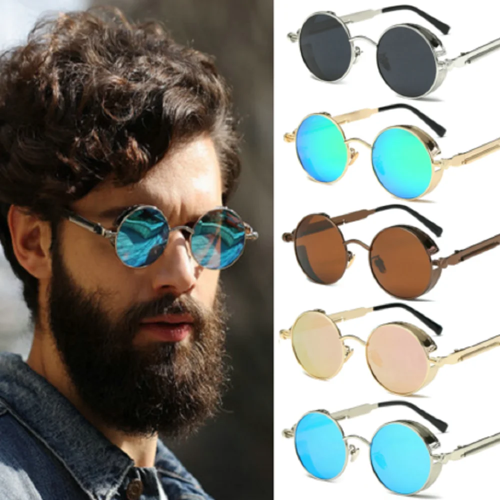 Men Vintage Steampunk Polarized Sunglasses Women Classic Round Mirrored Glasses