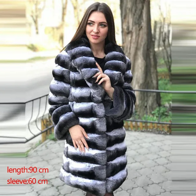 photo color YZ Future Natural Rex Rabbit Fur Coat Long Sleeve Chinchilla Color Fur Long Jackets Striped Pattern with Big Collar Warm coat - Цвет: photo color