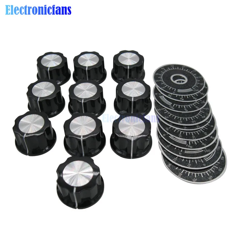 

10set=20pcs MF-A03 A03 Dial Knob WTH118 Adjustable Rotate Button Potentiometer Control Knobs + 0-100 Scale Plate Sheet Scale