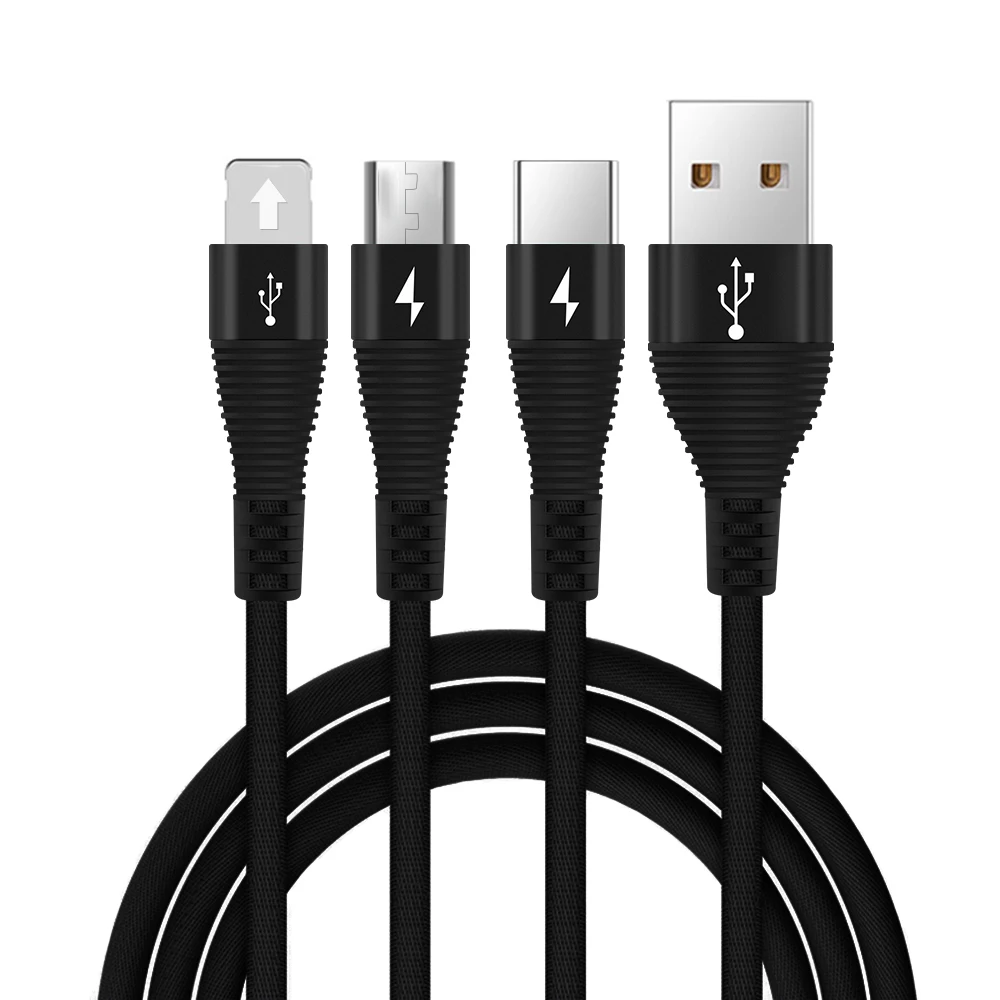 3 в 1 Кабели для мобильных телефонов для iPhone 11 Pro Max зарядный Шнур Micro USB кабель для Android usb type C кабели для быстрой зарядки провода - Цвет: Black