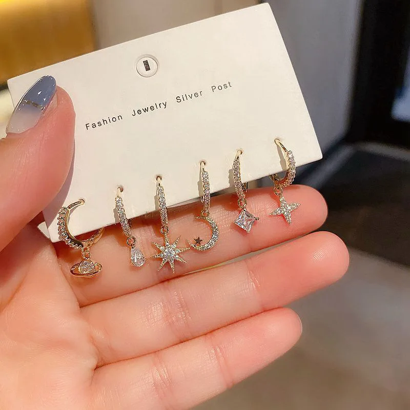 

12sets/lot Fashion Micro-Inlay Star and Crescent Earring for Women Crystal Copper and Gold Plated Earrings Sets