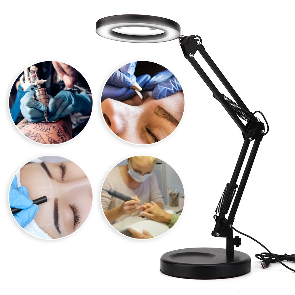 Professional USB Desktop Magnifier Lamp Tattoo Foldable 5X Magnifying Glass Led Lamp With 3 Gears Discoloration 10 Dimming Modes led lighting 5x magnifying lamp with clamp hands free magnifying glass desk lamp swivel arm adjustable usb powered lamp magnifier 3 modes dimmable led lamp with magnifier