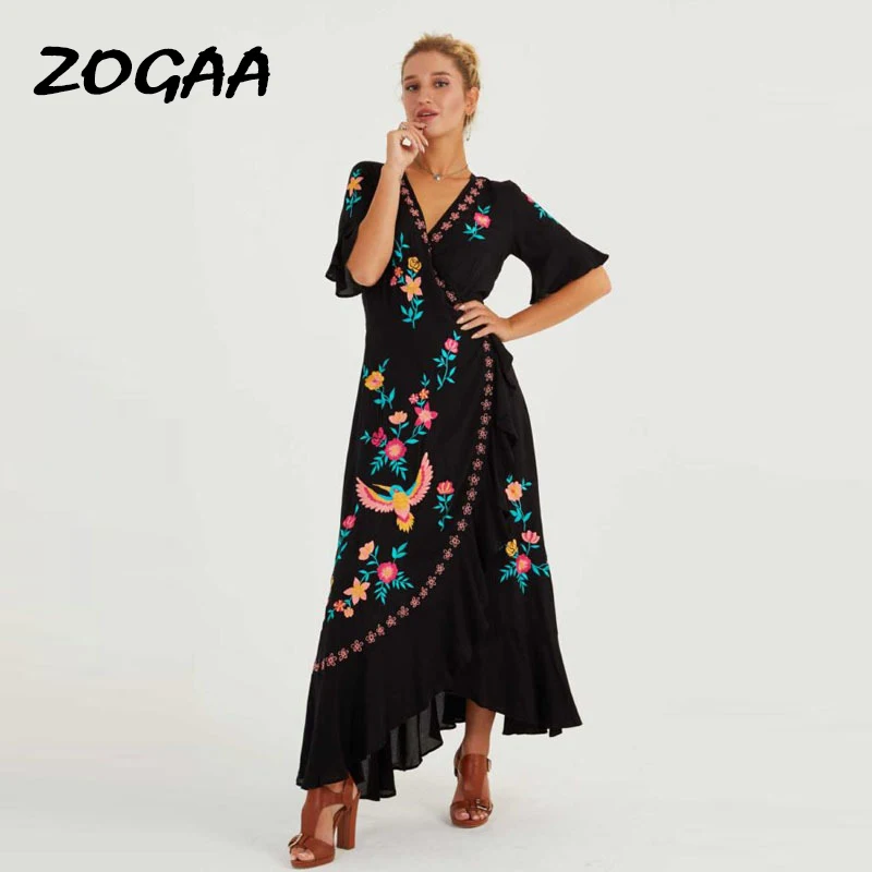 

ZOGAA 2019 Bohemian New Summer Dresses Plus Size Embroidered Ruffles Spliced Long Dress Sexy V Neck Asymmetrical Beach Dress