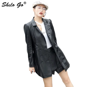 

Genuine Leather Blazer Elegant Minimalist Notched Neck Double Breasted Sheepskin A Line Coat Women Casual Office Lady Outwear