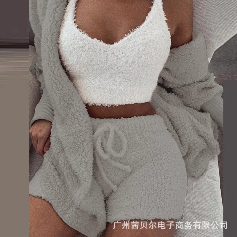 gray 2 piece set Adogirl женский флисовый плюшевый повседневный комплект из двух предметов куртка кардиган с капюшоном осенне-зимняя верхняя одежда+ шорты Модная одежда - Цвет: gray 2 piece set
