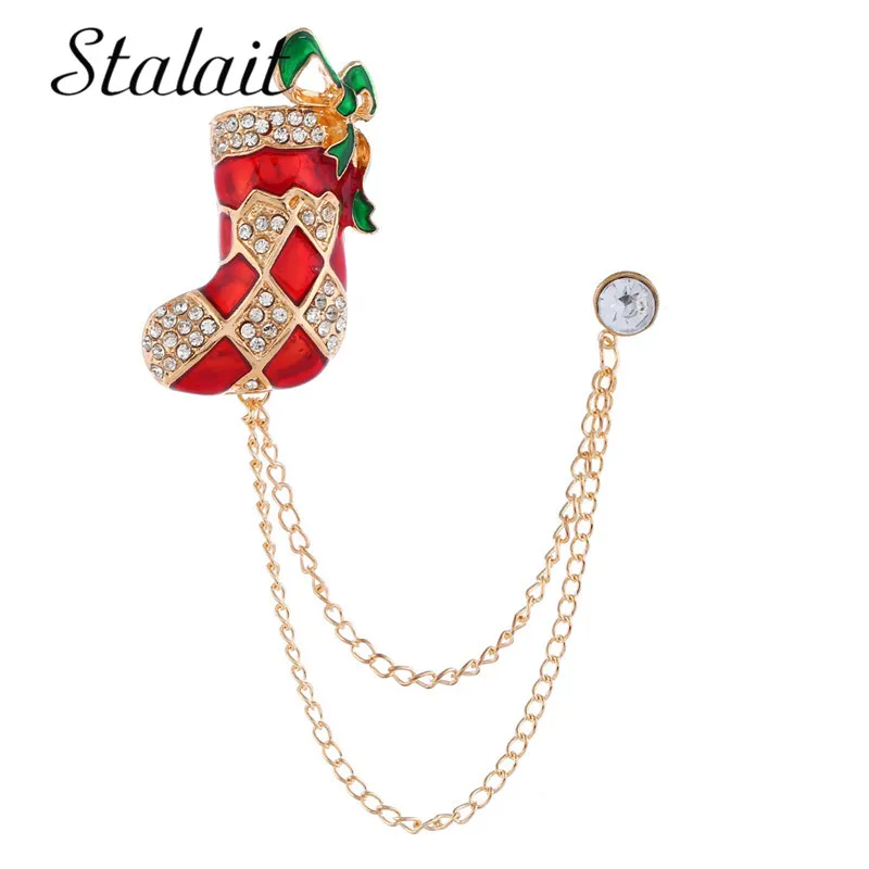 DIY Christmas Enamel Crystal Brooches For Women Girl Cute Socks Gold Chain Xmas Pins Jewelry Gifts 2019 New | Украшения и