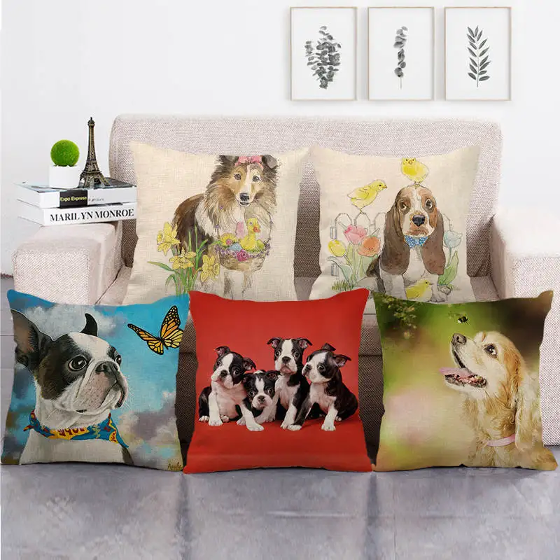 45cm*45cm summer happy dog design throw cushion cover linen/cotton sofa