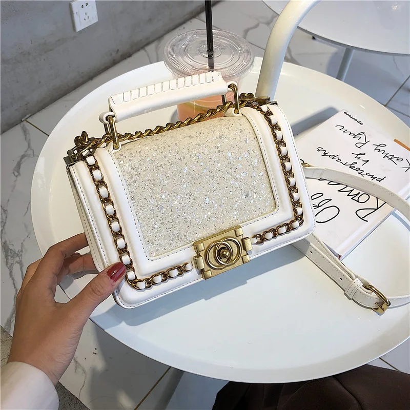 

Small Bag Women's 2019 New Style Korean-style Versatile Bag with Chain Textured Sequin Shoulder Fashion Small Square Bag
