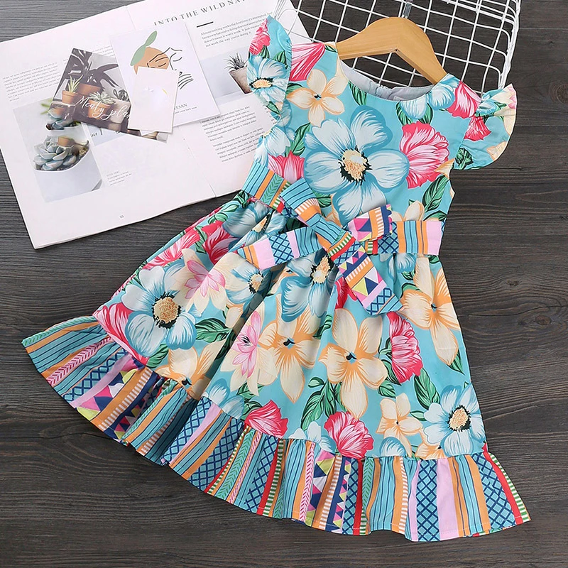 

2020 Floral Girls Dress Summer Girls Children'S Clothes European American Belt Bow Flying Sleeves Princess Fairy Baby Kids Dress