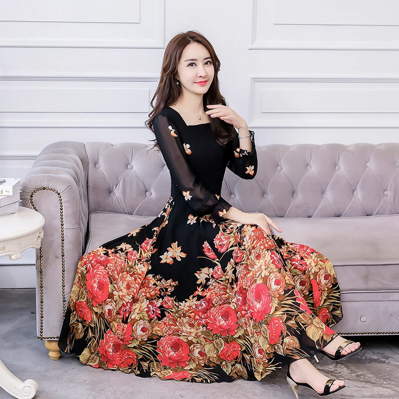 

2019 Autumn New Arrival Plus Size M-4XL Korean Square Collar Flower Printed Long Sleeve Woman Chiffon Long Dress