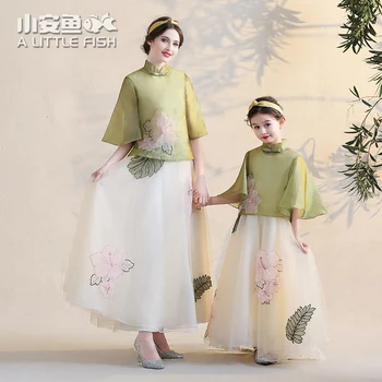 

Mother Daughter Summer Wedding Dress Chinese Style Family Matching Dress Mommy and Me Clothes Princess Lace Outfits Mama Costume