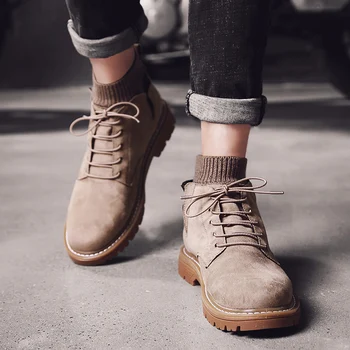 

2019 Men Sock Shoes Pu Leather Solid Breathable Men Casual Shoes Romen Design Lace Up Brown Winter Male Ankle Boot