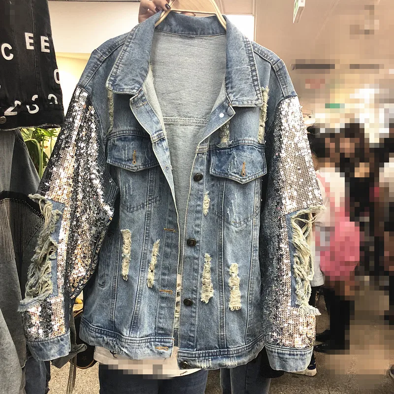 

2019 Spring and Autumn New Heavy Sequins Women's Loose Denim Jacket Personality Break Hole Jeans Coat Female Students Outwear