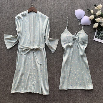 

Pajamas feminine long-sleeved strap nightdress nightgown suit polka dot fashion women with chest pad пижама 2PC home service