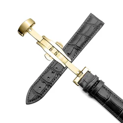 Premium Calfskin Leather Watch Strap with Double Push Butterfly Buckle - 21mm (Black Gold)