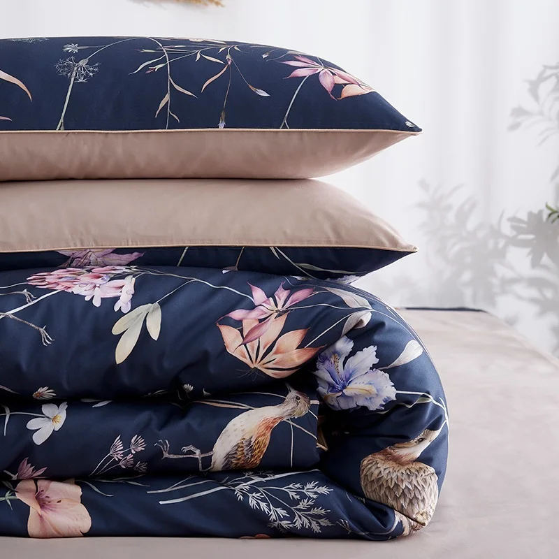 Blue queen size Egyptian cotton bedding set Satin floral print bedclothes pastoral home texitle bed linen